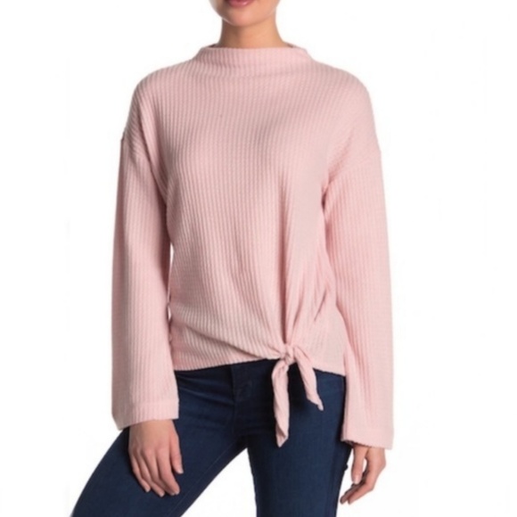 Socialite Tops - SOCIALITE Mock Neck Front Tie Waffle Knit Top